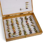 Re-purposed box of 75x Irish Lough flies with hand painted fishing scene to lid, 10