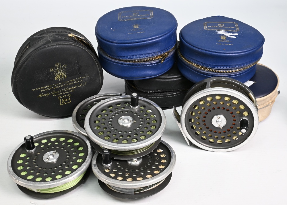 Hardy Bros Marquis 10 alloy trout fly reel with 4 spare spools, 3 ¾" ventilated spool, 2 screw