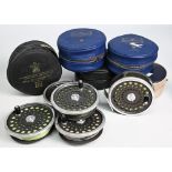 Hardy Bros Marquis 10 alloy trout fly reel with 4 spare spools, 3 ¾" ventilated spool, 2 screw