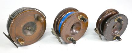 3x Nottingham pattern wood/brass reels, a 5