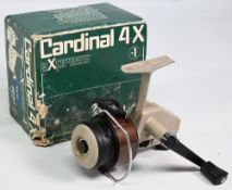 Abu Cardinal 4X fixed spool reel LHW, good bail, large base tensioner, push button spool release. In
