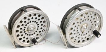2x Hardy Marquis alloy fly reels a #6 and #7 example both with smooth alloy feet, rear adjusters,
