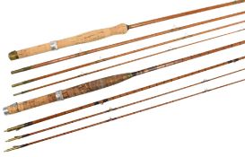J B Walker Newcastle on Tyne split cane trout fly rod, 9ft 3pc with spare tip, alloy reel