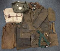 Vintage Barbour Wax Jacket Trousers with a loose hood and belt, a Barbour Solway zipper 50