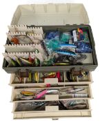 Daiwa 3 drawer Tackle Box full of plug lures toby lures, with noted items of Heddon mystic spook,