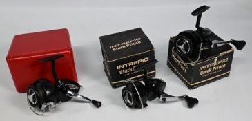 Collection of K P Morritt's Intrepid fixed spool reels, all with good bails and running well. An