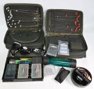 Pair of Nash stiff rig pouches, each containing ready tied carp rigs, a Fox tackle box with inner