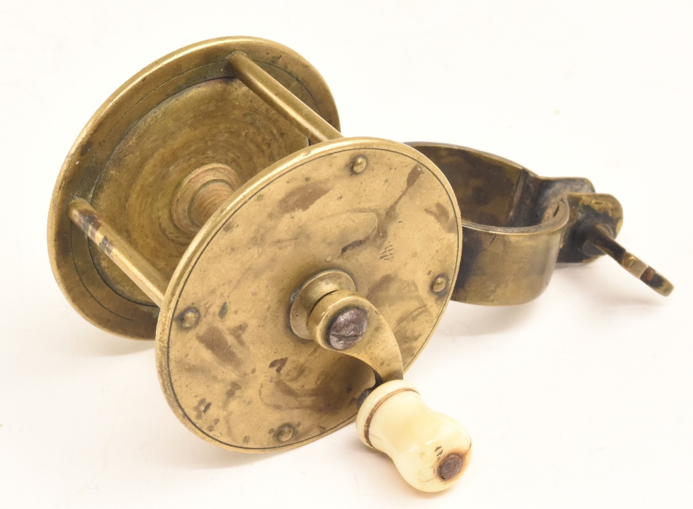 Fine and rare all brass collar fitting or clamp winch, 2" diameter, curved crank winding arm,