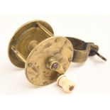 Fine and rare all brass collar fitting or clamp winch, 2" diameter, curved crank winding arm,