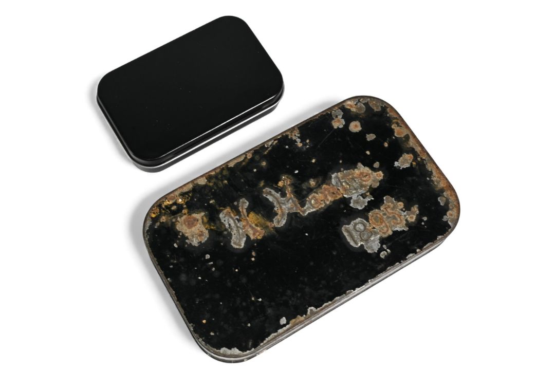 C Farlow's black japanned fly box with flies containing various trout flies and a modern pocket - Image 2 of 2