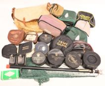 Vintage Hardy Fishing Bag, with leather trim and mesh front pocket, with a mixed collection of