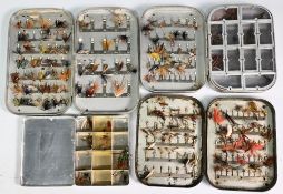 Wheatley slim alloy pocket fly box, with trout/salmon size metal clips, holding assorted flies, a