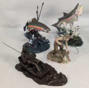4x Good Fishing Ornaments/Figures: a resin Fisherman in a Boat, Coalport The First Catch Figure, two
