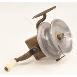 Interesting scratch built threadline casting reel, turned alloy spool and nickel lock nut, brass