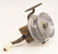 Interesting scratch built threadline casting reel, turned alloy spool and nickel lock nut, brass