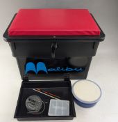 Malibu Fishing Tackle Box Seat, with padded seat and tray, and a small collection of contents,