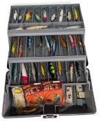 Plano Cantilever Fishing Tackle Box full of plug lures, with noted examples of Heddon crazy