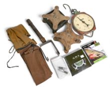 Very mixed lot made up of: large hanging round Salter scale to 50lb. Zeros ok. Scratch built