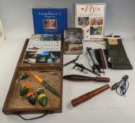 Vintage Fishing Tackle: floats, wooden line winder, fly tying vice, priests, tin plus two fishing