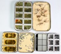 Hardy six compartment alloy fly box with maker's label to lid, a black japanned fly box with 3x