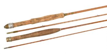Ogden Smith London split cane fly rod, 9ft 2pc, alloy reel fitting, lined but/tip ring, tatty bag,