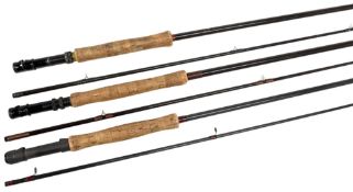 A collection of unnamed carbon trout fly rods, all complete with no bags: 2x 9ft 3