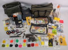 2x Canvas Fly Fishing & Fly-Tying Fishing Bags, one full of fly tying accessories - flash, hooks,