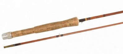 J S Sharpe Aberdeen impregnated split cane brook trout fly rod, 8ft 2pc alloy sliding reel