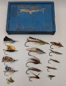 Gut Eyed Salmon Flies and Dressed Fly Brooches, 5 assorted brooches, and 10 mixed flies, in used