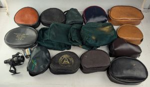 Box containing quantity of vintage/classic reel cases, makers include Drennan, Ted Carter, Asco,