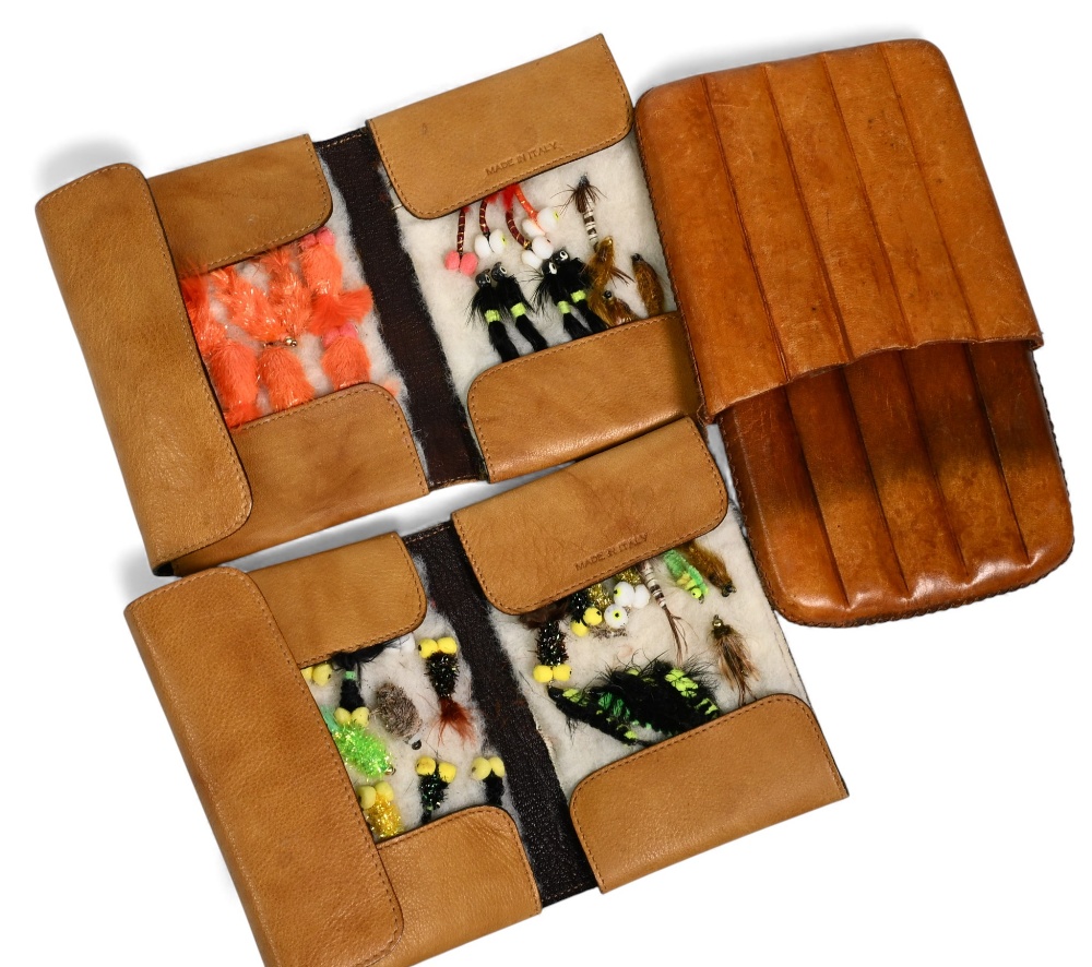 Giorgio Benecchi fly wallets, leather with wool lining, both with quantity of trout flies. Plus a - Image 2 of 2