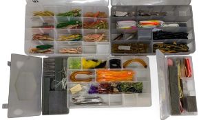 5x Plastic Fishing Tackle Boxes with contents of rubber lures, spinners, flying lures. firefly