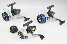 3x vintage Abu Cardinal spinning reels, a 44X in green/cream, working well, retains most original