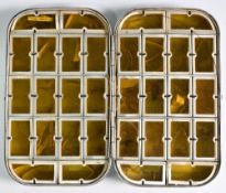 Scarce Wheatley Patent 242370, 32 compartment vintage dry fly box, spring lids with celluloid
