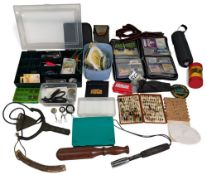 Coarse & Fly-Fishing Tackle and Accessories: a good box full of noted items to incl heavy wooden