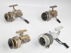 4x J W Young vintage spinning reels, 3x bronze finish, including one with half bail, one with bent