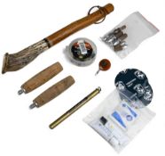 A collection of fishing accessories, as follows: Hardy thermometer. Hardy pin on zinger. 6x Hardy