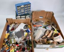 2x Boxes of Fly-Tying Accessories, tools, wool, reels, flash fur feathers, dubbing - capes, hooks,