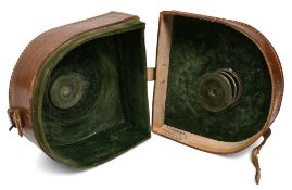 A scarce J Forrest 24 Thomas St London green baize lined leather reel case to fit the Allcock Aerial