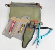 Pair of Fishpond blue anodized anglers' pliers with correct pouch, and retractor cord, 2 x