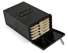 Interesting and scarce black japanned trout/salmon fly reservoir in the style of Forrest of Kelso,