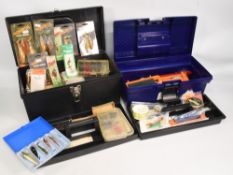 3x Plastic fishing tackle boxes containing a good mix of terminal tackle and a mix of Abu lures,