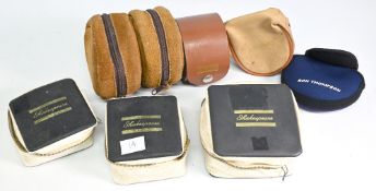 7x fly reel cases, 3x Shakespeare square models, a Daiwa D shaped leather case, Ron Thompson