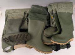 3x Pairs of Rubber Booted Chest Waders, two made by Ocean and a Dunlop pair, all size 8 boots, waist