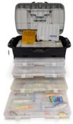 Large Flambeau Fishing Tackle Box, four plastic compartments full of plug lure jelly lures, plus