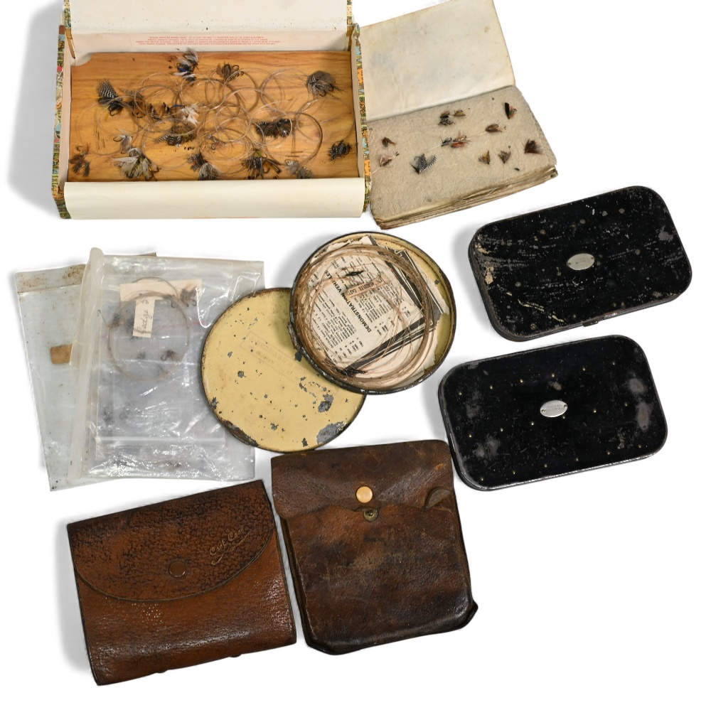 Collection as follows: 2x Malloch alloy black japanned fly tins, both 6" x 3 ½", one with 20 large