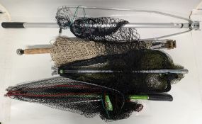 4x Folding and telescopic Landing Nets, Algedo .Pafex, X top net (net tangled), and a vintage