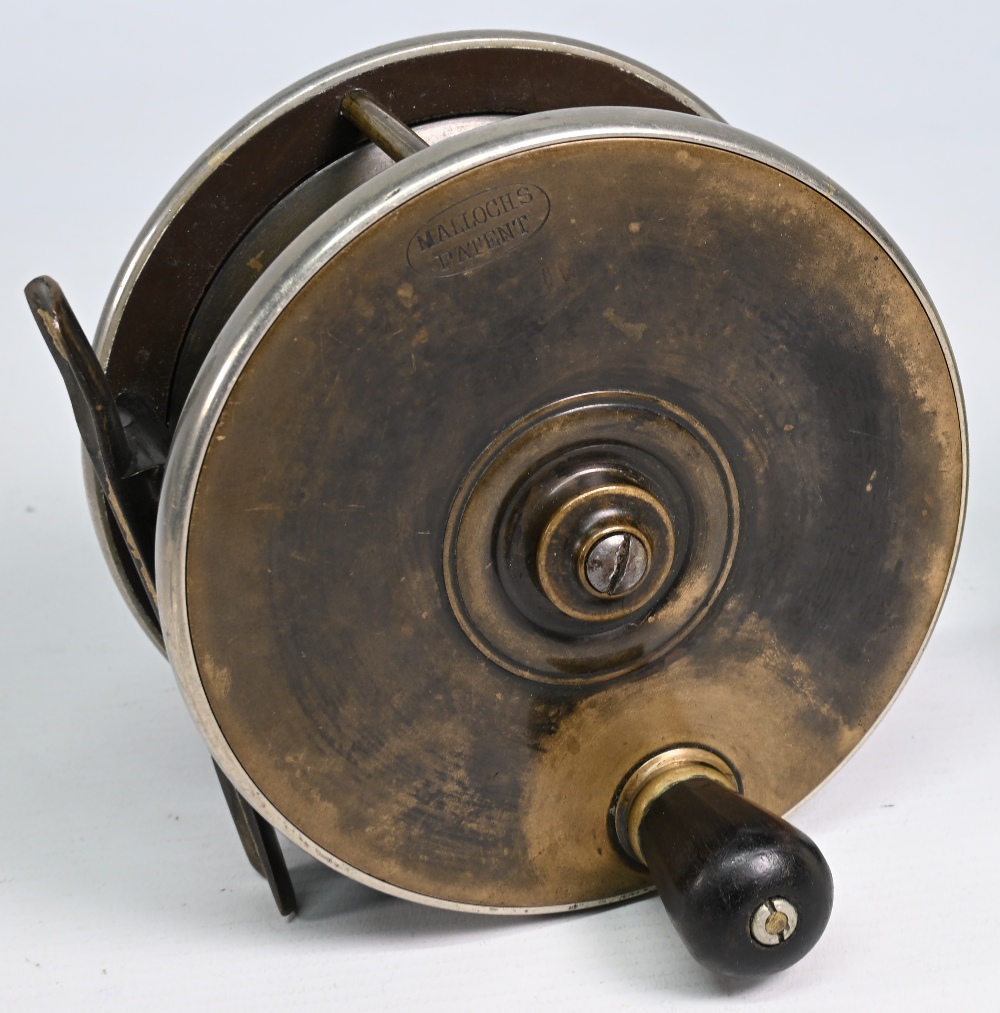 Mallochs brass and ebonite "Sun & Planet" salmon reel 4 ½" wide spool with original faceted