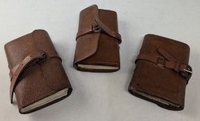 3x good clean vintage leather fly wallets, one with Wheatley metal plates on parchment pockets,