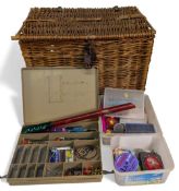 Large Vintage Wicker Coarse Fishing Tackle Basket/Seat, with fishing tackle contents - floats,